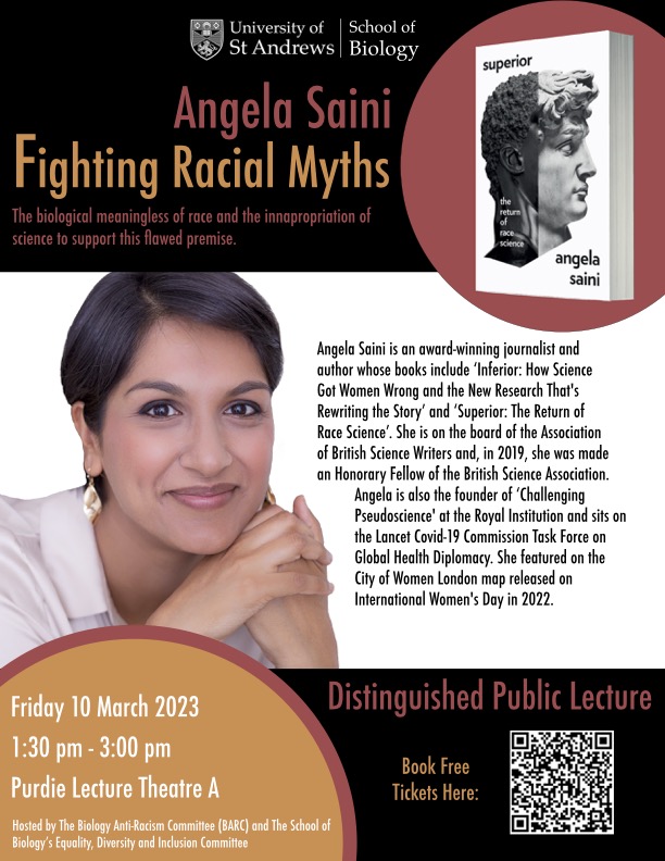 Event poster fo Angela Saini: Fighting Racial Myths - The biological meaningless of race and the innapropriation of science to support this flawed premise.
