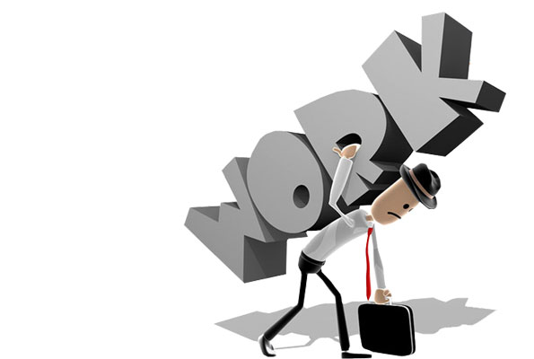 Man with briefcase carrying the word 'Work' on his back, symbolising heavy workload